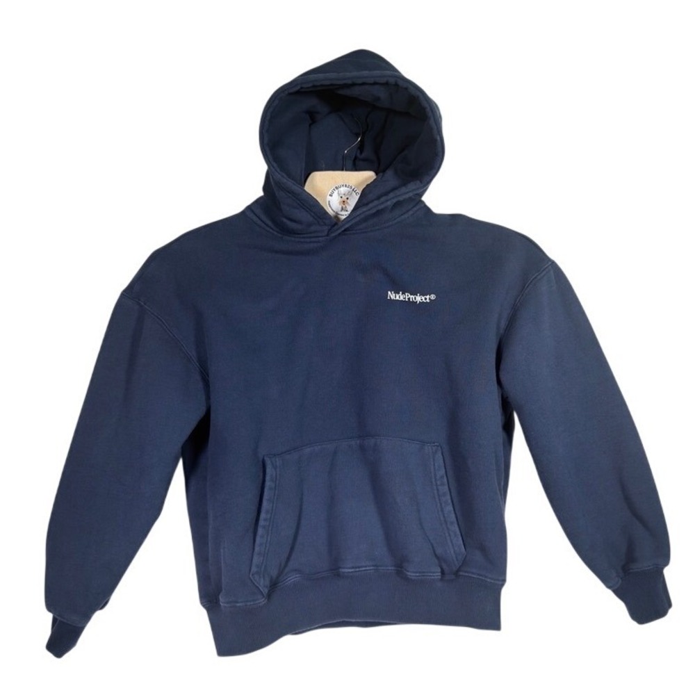 Nude Project Hoodie Large Navy Minimal Logo Streetwear Pullover Fleece